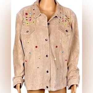 CHICO's Chicos Tan Suede Leather Jean Style Jacket  Boho Embroidery Accent 3 XL